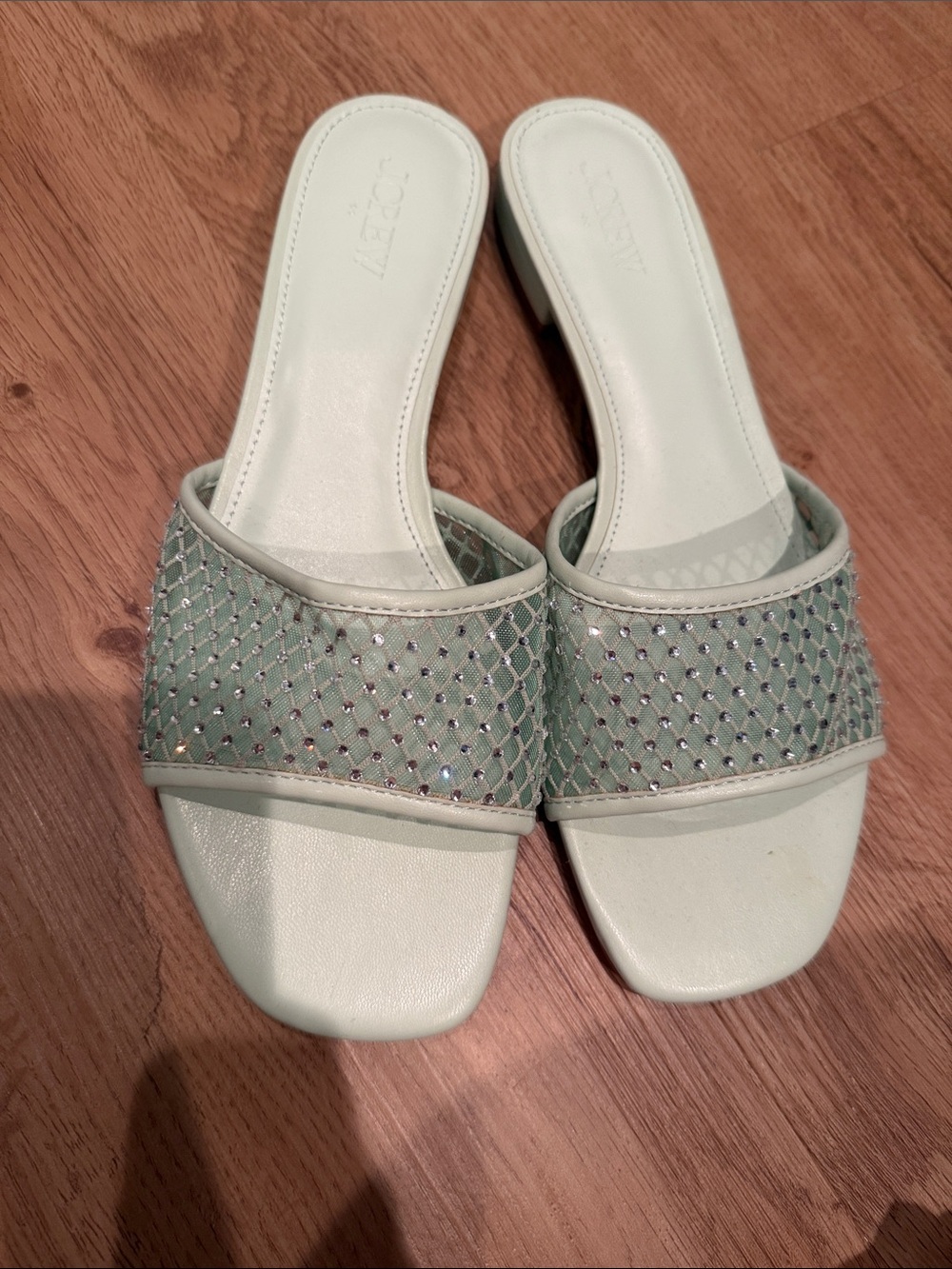 Never Worn JCrew Light Green Slide Sandals with Mesh Rhinestone Strap